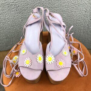Dolls kill Floral Platform‎ Sandals With Wooden Block Heels & Lace-Up Ankle